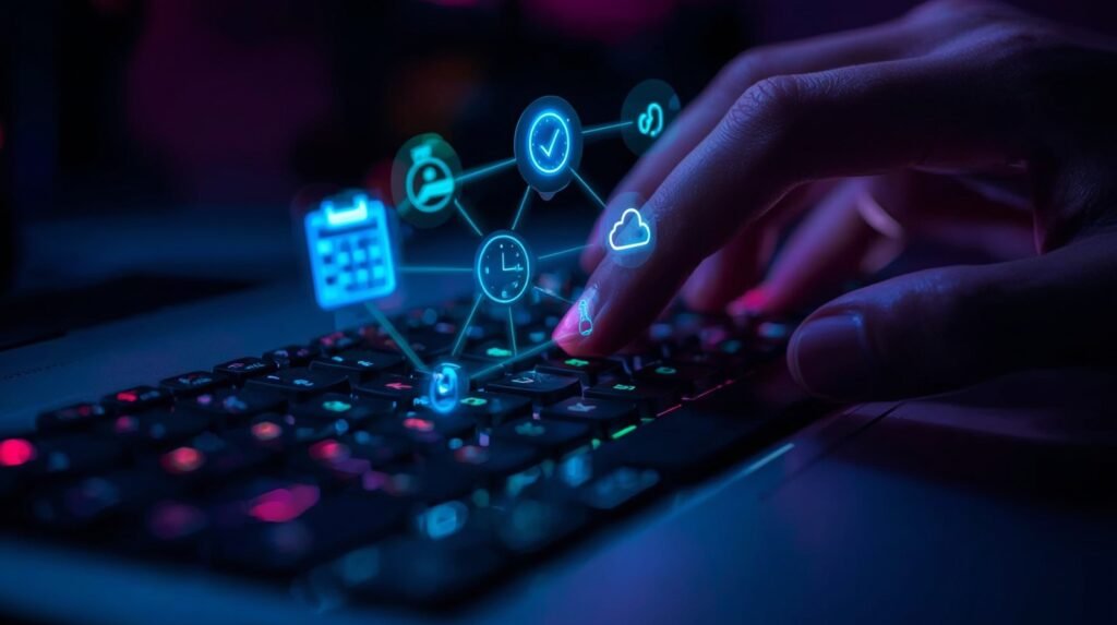 Top free productivity apps and workflow management tools on a modern workspace desk